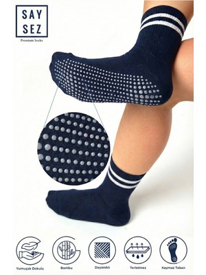 Saysez Bambu Kadın Kaydırmaz Taban Silikon Baskı Pilates Yoga Fitness Dans Aktivite Tenis Çorabı / Lacivert