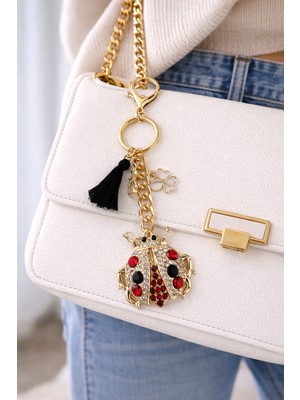 Modex Beyaz Kelebek Püskül Detay Taşlı Uğur Böceği Çanta Aksesuarı Anahtarlık