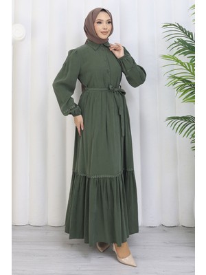 HL Rose Kuşaklı Yarım Düğmeli Elbise Haki