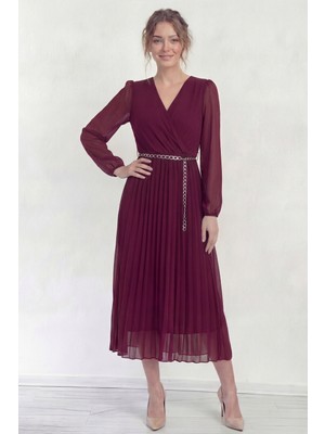 The Zks-Kadın Kruvaze Yaka Piliseli Kemerli Midi Boy Elbise Siyah, Bordo, Kahverengi