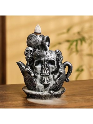 Elifeshop Lüks Polyester Gotik Tasarım Kurukafa Geri Akış Şelale Tutsülük Dekoratif Biblo Ev Ofis Hediyesi 12