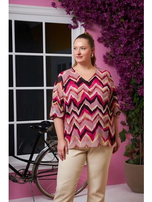 Rmg Kol Büzgülü Desenli Büyük Beden Şifon Bluz Pudra