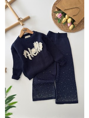 Miniğimin Cicileri Taşlı Hello Yazı Aplikeli Triko Kazaklı Kız Çocuk 2'li Takım - Lacivert
