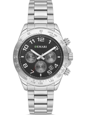 DEMARİ Demari Erkek Kol Saati Quartz Mekanizma Multifunction Gümüş Çelik Kordon Siyah Kadran Tachymeter Bezel – DM-00108G-A2