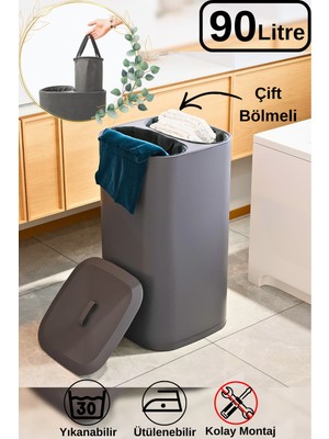 Octopus Bazaar Twindecor 2 Bölmeli Kirli Çamaşır Sepeti Yıkanabilir 90 Lt - Büyük Boy Katlanabilir Kirli Sepeti