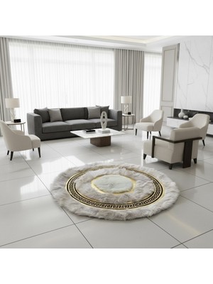 Decomarie Krem Zeminli Beyaz Merkezli Altın Detaylı Yuvarlak Toskana Halı