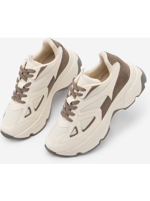 Marjin Kadın Sneaker Yüksek Kalın Taban Çok Parçalı Bağcıklı Spor Ayakkabı Vader Ekru