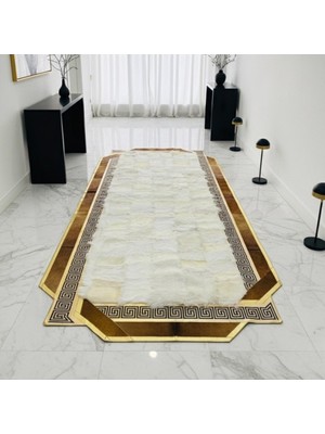 Decomarie Altın Bordürlü Krem Toscana Kürk Koridor Halısı – Şık ve Prestijli Tasarım