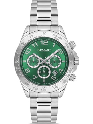 DEMARİ Demari Erkek Kol Saati Quartz Mekanizma Multifunction Gümüş Çelik Kordon Yeşil Kadran Tachymeter Bezel – DM-00108G-A10