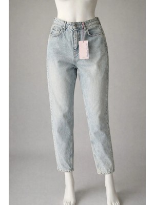 İnce Moda Giyim Yüksek Bel Açık Buz Mavi Mom Fit Kadın Jean Pantolon