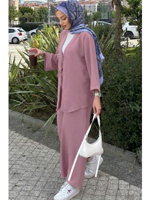 Tesettür Diyarı Rahat Kesim Sofya Keten Kimono Takım- Gül Kurusu