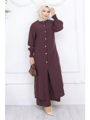 HL Kolları Gipeli Düğmeli Tunik Takım Bordo
