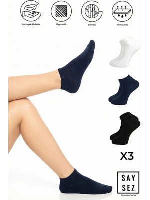 Saysez Bambu Kadın Patik Düz Siyah-Beyaz-Lacivert Çorap Dikişsiz Premium 3'lü Paket