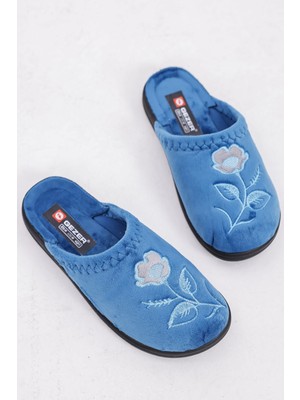 Gezer Işlemeli Desenli Peluş Astarlı Kapalı Ev Terliği Yumuşacık Kaymaz Taban