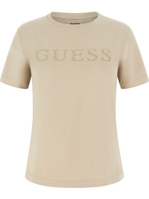 Guess Kadın Octavia Slim Fit Taşlı T-Shirt - Bej