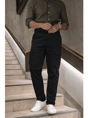 Comstar Erkek Yüksek Bel Bol Paça Siyah Kargo Baggy Pantolon