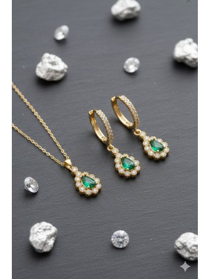 Ada Life Gümüş (Çantalı Kutulu) 925 Ayar Gümüş Damla Model Zirkon Taşlı Kadın 2 Li Set Kolye Küpe