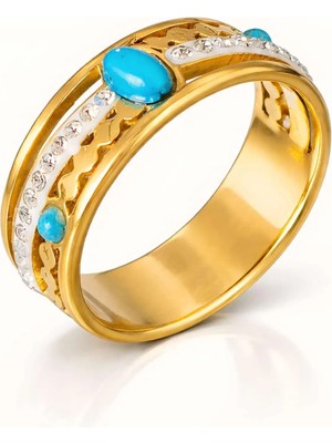 Formzen 316L Paslanmaz Çelik Kararmaz Tek Bantlı Yüzük - Gold Renk Işıltılı Zirkon Mavi Taşlı Modern Tasarım