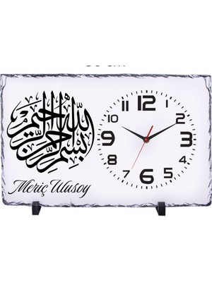 Çılgıntrend Kişiye Özel Besmele Tasarımlı Doğal Taş Masa Saati 25X38 cm – Isim Yazılı Dekoratif Saat