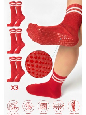 Saysez Bambu Kadın Kaydırmaz Taban Silikon Baskı Pilates Yoga Fitness Bale Dans Aktivite Tenis Çorabı 3'lü