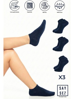 Saysez Bambu Kadın Patik Düz Lacivert Çorap Dikişsiz Premium 3'lü Paket