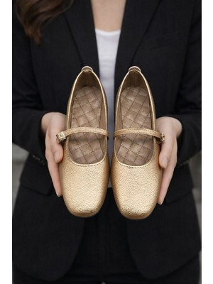 Redtan Kadın Babet Altın Bantlı Kemerli Hafif Rahat Şık Iş Ofis Günlük Ayakkabı