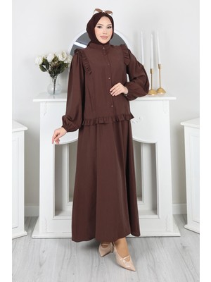 Fırfır Detaylı Düğmeli Etekli Takım Kahve