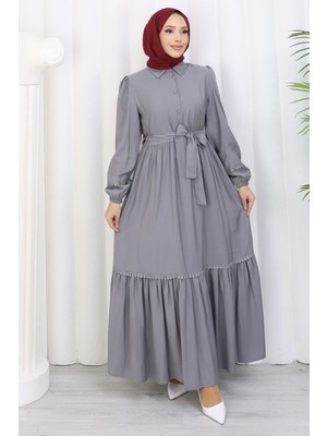 HL Rose Kuşaklı Yarım Düğmeli Elbise Gri