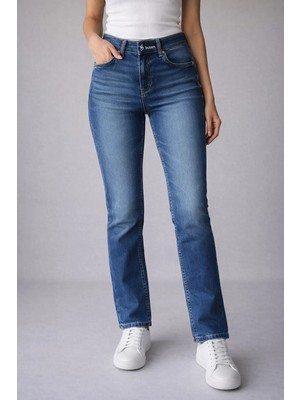 İnce Moda Giyim Yüksek Bel Orta Mavi Straight Fit Kadın Jean Pantolon