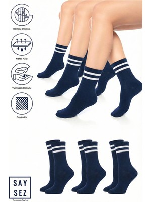 Saysez Bambu Unisex Tenis Kolej Çizgili Premium Lacivert Renk Dikişsiz Soket Çorap 3'lü Paket