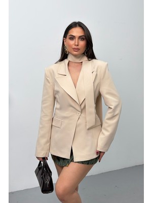 Spirituel Kadın Blazer Ceket Fular Detaylı Sahte Cepli Bele Oturan Tek Düğmeli Ceket