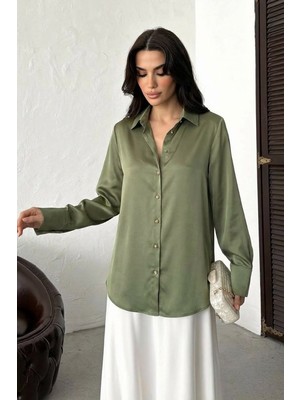 AKD Atelier Kadın Gömlek Saten Şık Gold Düğmeli Uzun Kollu Düşük Omuz Gömlek