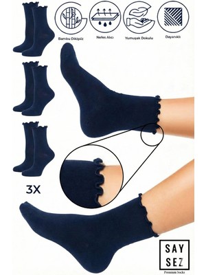 Saysez Bambu Kadın Lastiksiz Laci Fırfırlı Soket Dikişsiz Çorap 3'lü Paket / Iz Bırakmaz / Sıkmayan Çorap