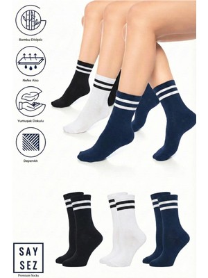 Saysez Bambu Unisex Tenis Kolej Çizgili Siyah-Beyaz-Lacivert Premium Dikişsiz Soket Çorap 3'lü Paket