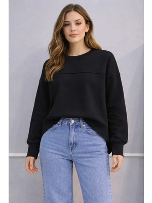 İnce Moda Giyim Bisiklet Yaka Oversize Basic Sweatshirt (Siyah & Ekru)