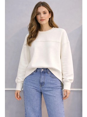 İnce Moda Giyim Bisiklet Yaka Oversize Basic Sweatshirt (Siyah & Ekru)