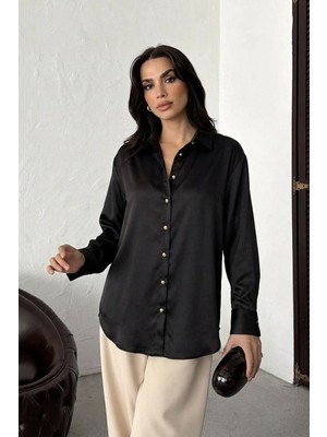 AKD Atelier Kadın Gömlek Saten Şık Gold Düğmeli Uzun Kollu Düşük Omuz Gömlek