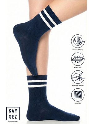 Saysez Bambu Unisex Tenis Kolej Çizgili Lacivert Premium Dikişsiz Soket Çorap