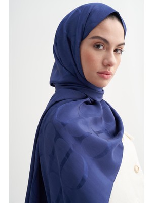 Lacivert Carell Monogram Desen Rina Floş Jakar Şal