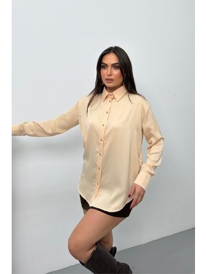 Spirituel Kadın Gömlek Saten Şık Gold Düğmeli Uzun Kollu Düşük Omuz Gömlek