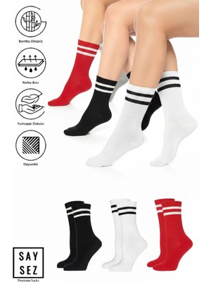 Saysez Bambu Unisex Tenis Kolej Çizgili Siyah-Beyaz-Kırmızı Premium Dikişsiz Soket Çorap 3'lü Paket