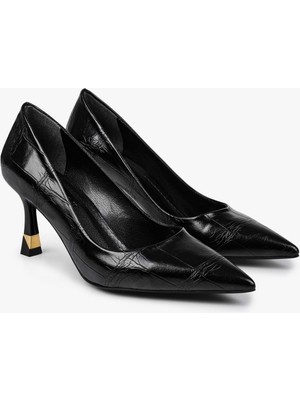 Shoeberry Kadın Gilda Siyah Kroko Altın Kaplama Detaylı Stiletto