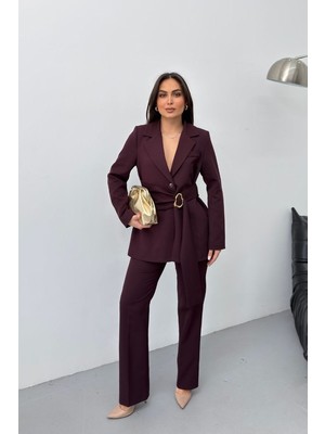 Spirituel Kadın Ikili Alt Üst Takım Şık Gold Tokalı Kuşaklı Blazer Ceket Bol Paça Pantolon Takım