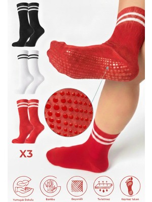 Saysez Bambu Kadın Kaydırmaz Taban Silikon Baskı Pilates Yoga Fitness Bale Dans Aktivite Tenis Çorabı 3'lü