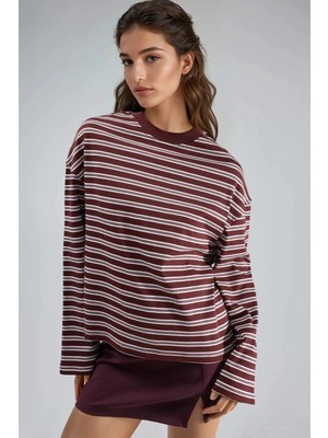 Hiccup Kadın Busem Çizgili Yuvarlak Yaka Uzun Kollu Tişört Bordo Kırmızı