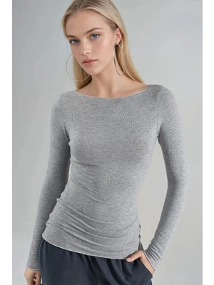 Hiccup Kadın Busem Kayık Yaka Uzun Kollu Hafif Bluz Gri
