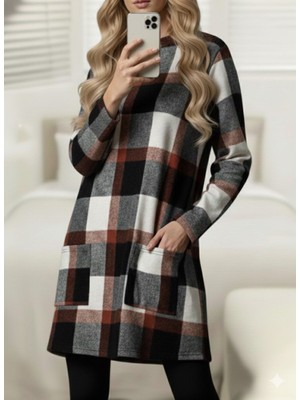 Etiler Collection Kadın Uzun Kollu Yarı Balıkçı Yakalı Cep Detaylı Ekoseli Dokuma Tunik