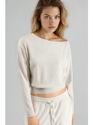 Hiccup Kadın Busem Kayık Yaka Uzun Kollu Esnek Bluz Bej Doğal