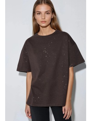 Hiccup Kadın Busem Simli Bisiklet Yaka Kısa Kollu Tişört Kahve Kahvesi