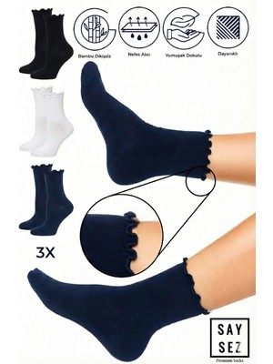 Saysez Bambu Kadın Lastiksiz Lacivert-Siyah-Beyaz Fırfırlı Soket Dikişsiz Çorap 3'lü Paket / Iz Bırakmaz